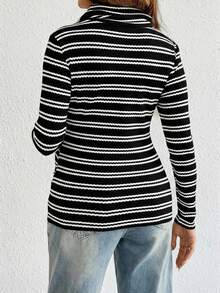 SHEIN 秋季/孕妇秋冬休闲通勤条纹长袖T恤 - 黑色 - 查看 8