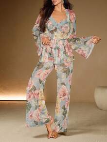 Anewsta Conjunto de Camisole e Roupão de Dormir com Estampa Floral da Moda e Cadarço para Mulheres - Multicolorido - Visão 7