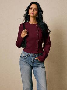 Poéselle Women's Fashionable Commuter Starfish Button Solid Color Shirt,Fall,Fall Clothes For Women - Burgundy - View 5
