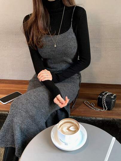 DAZY 高品质羊毛混纺无袖套头连衣裙，可分层围裙，优雅女士秋冬毛衣裙