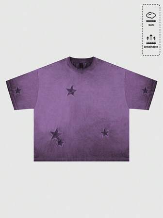 Grunge Punk Men's Star Embroidery Punk Washed Round Neck Loose T-Shirt