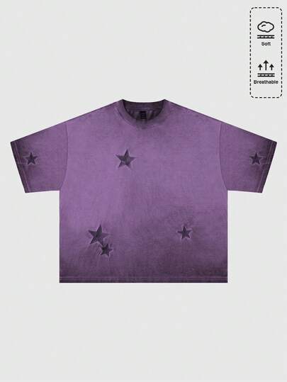 Grunge Punk Camiseta suelta de cuello redondo con bordado de estrella para hombres