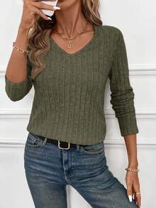SHEIN Frenchy Women's Contrast Lace Long Sleeve Ribbed Casual T-Shirt Winter Green Christmas Spring - Green - View 4