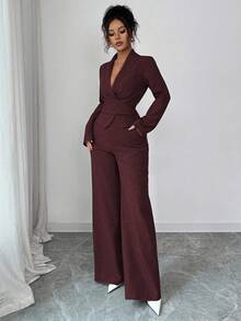 Modelyn 女式秋季梭织纯色斜襟裹腰长袖两件套 - 酒紅色 - 查看 6