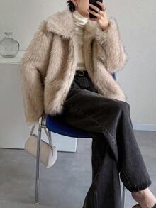 FRIFUL 女士超大翻领落肩长袖宽松休闲蓬松外套，适合秋冬季节穿着的百搭女式外套 - 杏色 - 查看 2