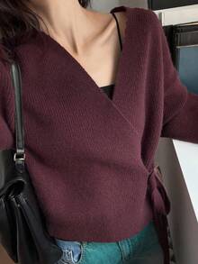 DAZY Damen Einfarbiger Cardigan mit Überwurf-Ärmel, Langarm und Krawattenknoten