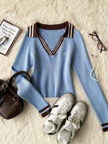 Muvela Damski sweter w kontrastowym kolorze z długim rękawem i dekoltem w serek, dopasowany, w stylu retro college, lekki i sportowy, na powrót do szkoły, na dzień nauczyciela, na jesień, uniwersalny, na co dzień, na podróż, na lotnisko