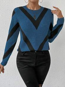 SHEIN LUNE 秋冬新品 拼色几何条纹毛衣 - 彩色 - 查看 3