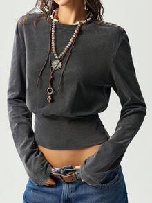Bohemela Casual Solid Color Knit Crew Neck Long Sleeve Cropped Women Top - Black - View 8