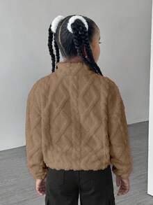 Tween Girls' White Turtleneck Geometric Fleece Casual Jacket - Coffee Brown - View 2