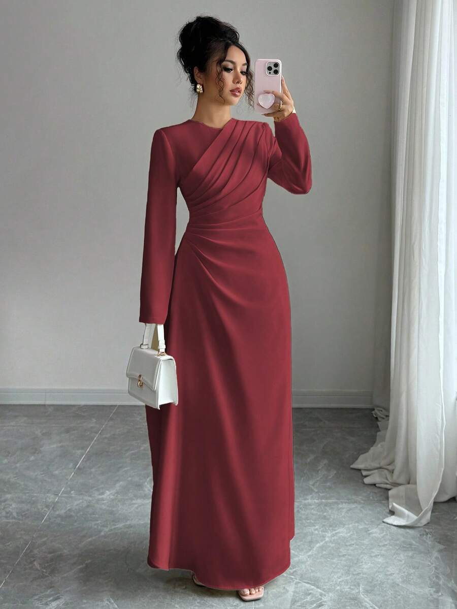 Elenzga Đầm Maxi Tay Dài Cổ Tròn Xếp Ly Eo Cho Nữ, Màu Trơn, Thanh Lịch, Trang Trọng, Công Sở, Đi Làm, Dịp Nghỉ, Tiệc Tùng, Cổ Điển, Phong Cách Trung Đông, Mùa Thu, Màu Vàng Nhạt - Màu Đỏ Sâu - Xem 1
