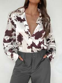 Aloruh Áo dài tay nữ họa tiết bò, phong cách Bohemian thường ngày đa năng in hình bò cho nữ, áo cài nút bằng lụa, áo công sở, áo cánh công sở thường ngày cho nữ, trang phục dự tiệc, câu lạc bộ, mùa thu cho nữ, mùa đông cho nữ, mùa thu cho nữ, áo sơ mi nữ in hình bò mùa thu - Nhiều màu - Xem 8