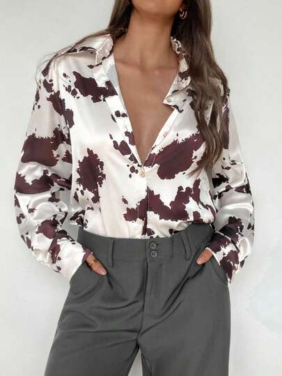 Aloruh Blusa de manga larga para mujer con estampado de vaca, blusa casual versátil de estilo bohemio, blusa de botones con estampado de vaca para mujer, blusa de seda, blusa de oficina, blusa casual de negocios, blusa para fiesta y club, otoño e invierno para mujer