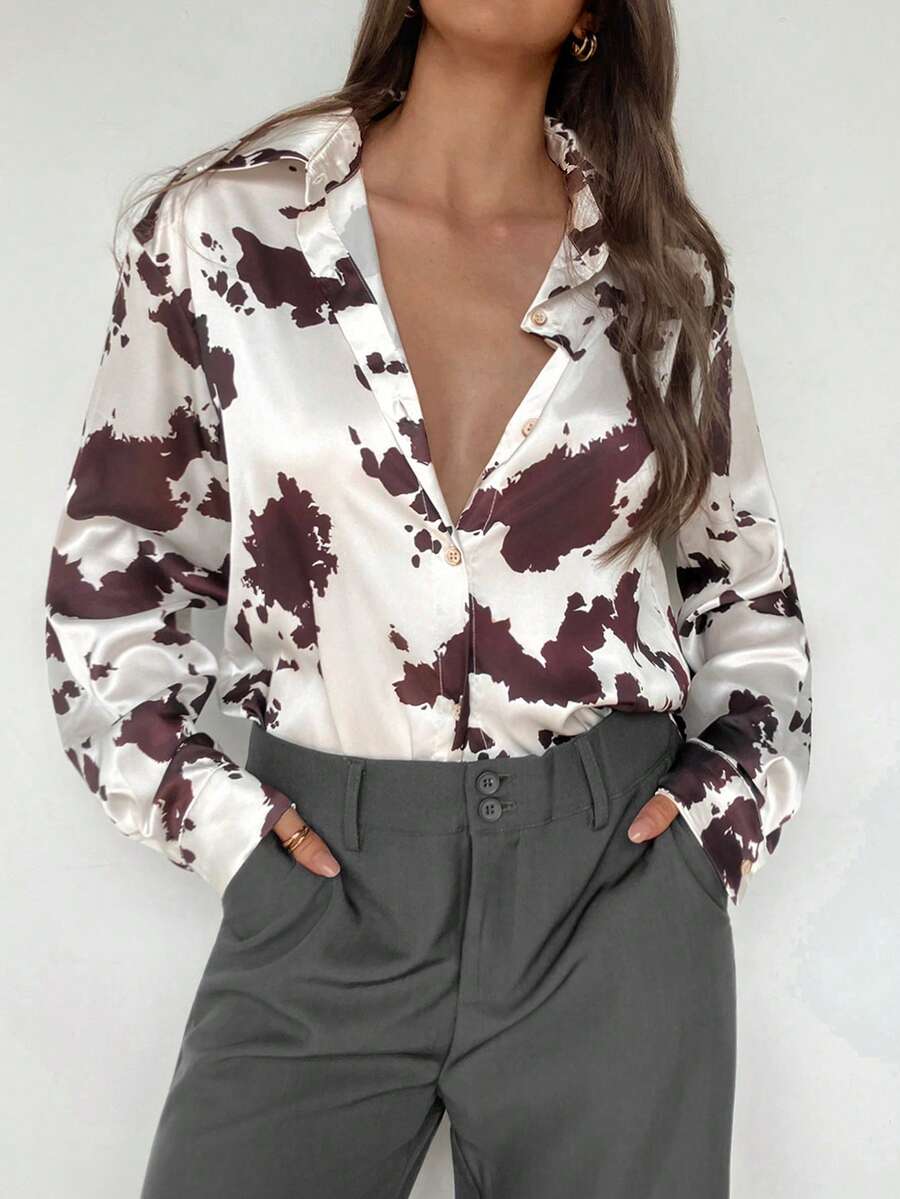 Aloruh 女士长袖奶牛印花衬衫，波西米亚风休闲百搭上衣，奶牛印花女士纽扣衬衫，真丝衬衫，办公室衬衫，商务休闲女式衬衫，派对俱乐部服装，秋季女装，冬季女装，秋季奶牛印花女式衬衫