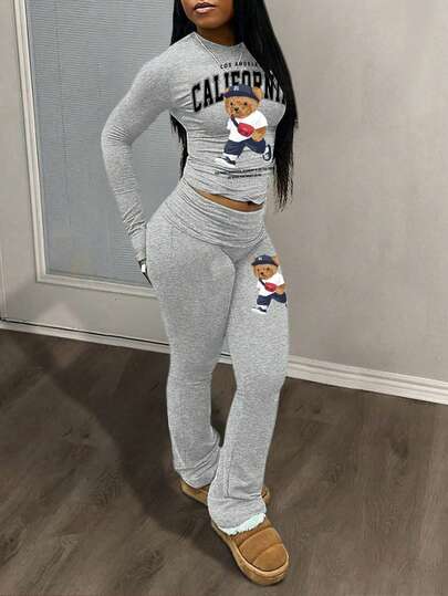 Slaydiva Women's Gray 2 Pieces Set,California Teddy Bear Graphic Long Sleeve Tops & Flare Yoga Pants,Autumn Winter Streetwear Lounge Back-To-School Y2k Clothes