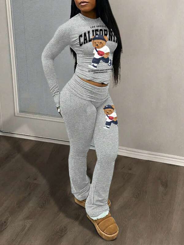 Slaydiva Setup Autumn Winter Women/Grey 2 Piece Set/Fall Clothes For Women/Winter Clothes For Women/Sets 2 Pieces Women/Flare Jeans/Long Sleeve Tops/Casual Round Simple Collar Long Sleeve Yoga Pants Short Pleated Top Yoga Wide Leg Pants Flared Pants Trousers Women's Two Pieces Suit/Y2k Clothes/Streetwear/Going Out Tops Women/Vintage California Street Teddy Bear Graphic