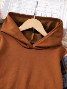 SHEIN Conjunto de sudadera con capucha y pantalones de cuadros y patchwork para niña preadolescente - Marrón - Ver 3