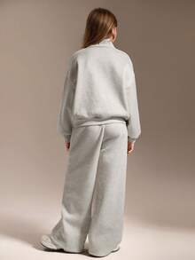 SHEIN Conjunto de sudadera con cremallera de cuarto y pantalón de chándal de ajuste relajado para niñas preadolescentes, de vuelta al colegio, otoño/invierno, otoño acogedor, Navidad, ropa casual linda de uso diario, streetwear Y2K, gris - Gris Claro - Ver 2