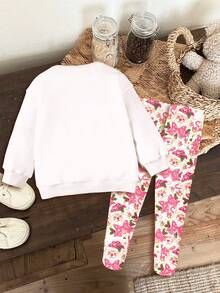 SHEIN Bộ đồ Giáng Sinh Happikins, màu hồng Giáng Sinh, ông già Noel hoạt hình dễ thương, họa tiết nơ in hình báo hồng, không khí Giáng Sinh kẹo gậy, quà tặng Giáng Sinh, bộ 2 món áo nỉ dài tay cổ tròn và quần legging cho bé gái, thích hợp cho mùa thu/đông, ở nhà, trang phục dự tiệc Giáng Sinh. - Nhiều màu - Xem 3