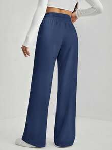 SHEIN Tall Solid Drawstring Waist Wide Leg Sweatpants - Navy Blue - View 2