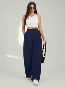 SHEIN Tall Quần ống rộng trơn màu thường ngày dành cho nữ - Màu xanh hải quân - Xem 1