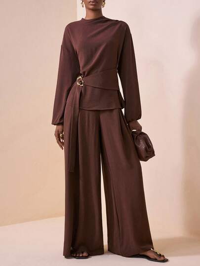 Veslaya 2026 Early Spring Plus Size Women's New Music Festival, Easter, Western, Nomadic, Birthday Party, Graduation, College, Student, Daily Casual, Basic, Leisure, Vacation, Cruise, Beach, Sunbathing, Viral Hit, Streetwear, Wedding Guest Boho, Commuter, Brunch, Airport, Party, Holiday Outing, Elegant Gala, Ball, Daily Commute, Casual, High-End Elegant, Minimalist, Street Fashion 2-Piece Set: Brown High Neck Cinched Waist Metal Button Pants