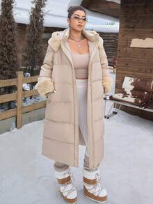 SHEIN EZwear 大码女式卡其色毛领长款棉服外套，秋冬 - 卡其色 - 查看 6