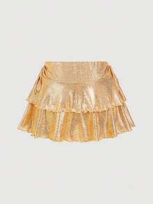 SHEIN MOD Women's Fashionable Gold Double Hem Low Waist Skirt, Fall/Winter , Party,Elegant, Luxury Evening Dresses For Weddings, Gold Skirt, Ruffled Skirt, Mini Skirt, Metallic Skirt - Gold - View 3
