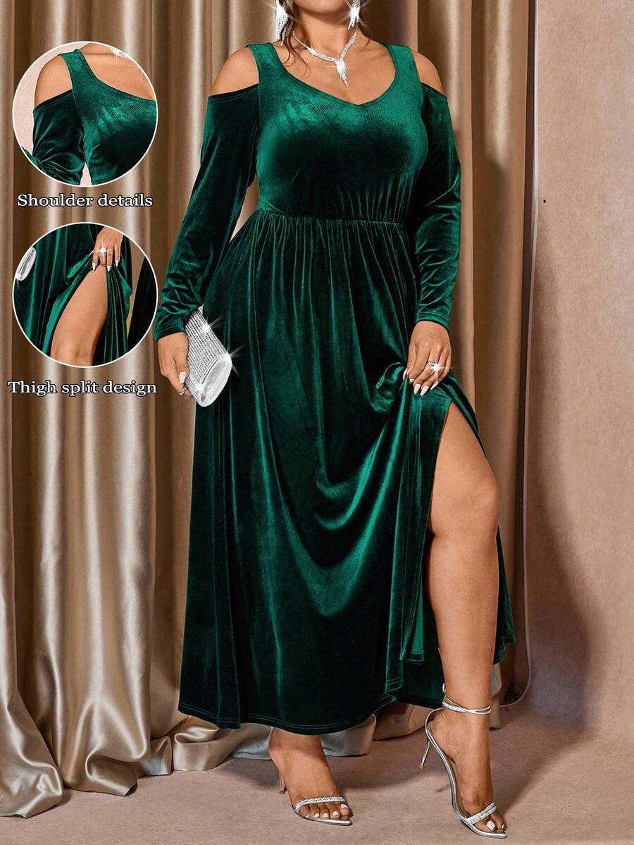 Cravure Plus Size Women Velvet Sweetheart Neck Long Sleeve Dress, Fashionable For Commuting - Dark Green - View 1