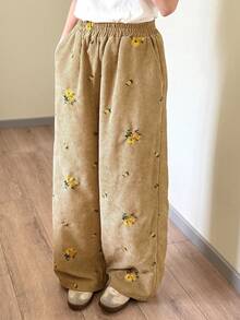 FRIFUL 女式棕色刺绣直筒裤，春季