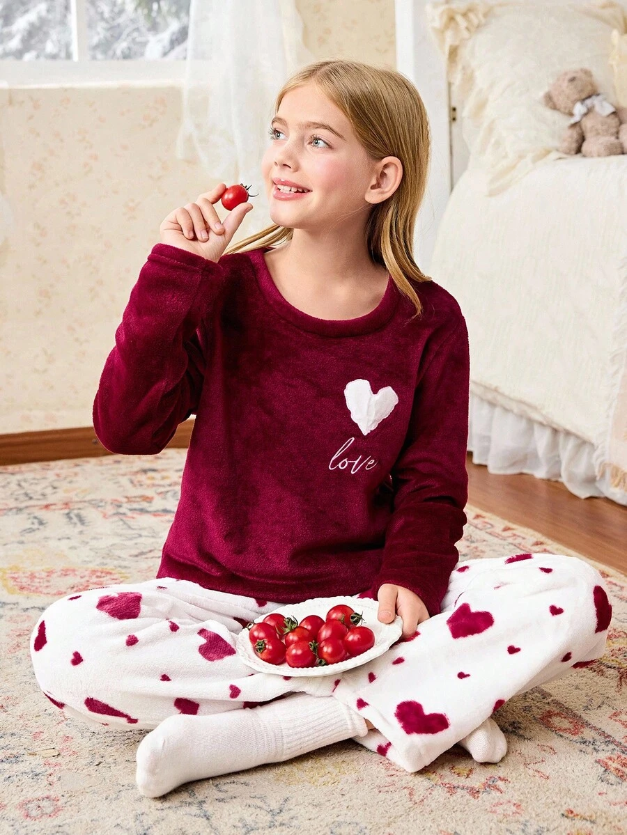 Snug Zone 少女心形刺绣法兰绒长袖上衣和裤子睡衣套装，圣诞节 - 紅色 - 查看 1