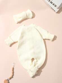 SHEIN 2 pièces Ensemble "Petite Sœur" Tenues de photographie pour nouveau-né fille brodées. Combinaison tricotée avec nœud papillon et bandeau. Tenue boutonnée pour séance photo, tenue de retour à la maison pour bébé