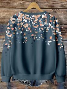 EMERY ROSE Casual Minimalist Small Leaf Print Light Green Round Neck Plus Size Sweatshirt For Women, Suitable For Autumn/Winter - Multicolor - View 2