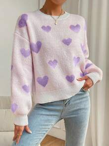 SHEIN Raffinéa Women's Heart Pattern Drop Shoulder Lantern Sleeve Loose Knit Pullover Sweater, Christmas - Multicolor - View 4
