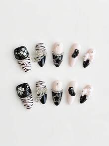 ROMWE Anime 10pcs Cute Wings, Rose, Bow, Music Note, Star Element High Quality Handmade False Nails + 3pcs Double-Sided Adhesive, Y2K Style Rhinestone Pink Polka Dot White Lace Removable Manicure Stickers, Suitable For Holidays, Parties, Dancing And Daily Wear - Multicolor - View 3