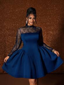 Maweii Váy phồng ren chắp vá thanh lịch cỡ lớn dành cho nữ - Màu xanh lam - Xem 4