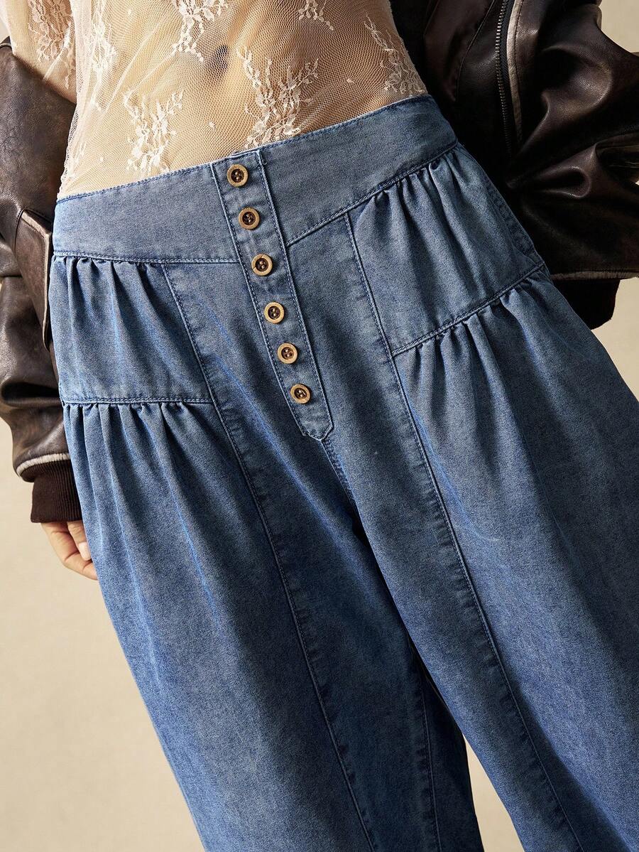 Bohemela Women's Button Waist Pleated Flare Casual Loose Pants