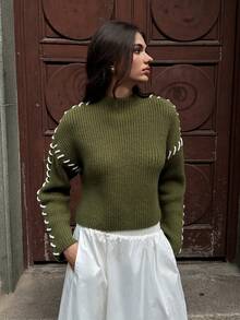 SHEIN Unity Women's Green Turtleneck Loose Fit Color Block Knit Sweater, Autumn/Winter - Green - View 5