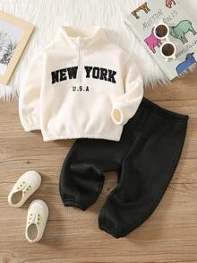SHEIN 2pcs Baby Boys Cute Letter Embroidered Fluffy Stand Collar Jacket And Elastic Waist Pants Set, Autumn Winter