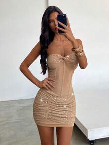 Aloruh Women's Elegant Rhinestone Embellished Strapless Mini Dress, Chic Beige 70s Night Out Party Summer Autumn Winter One-Piece Party Dress For Ladies - Apricot - View 8