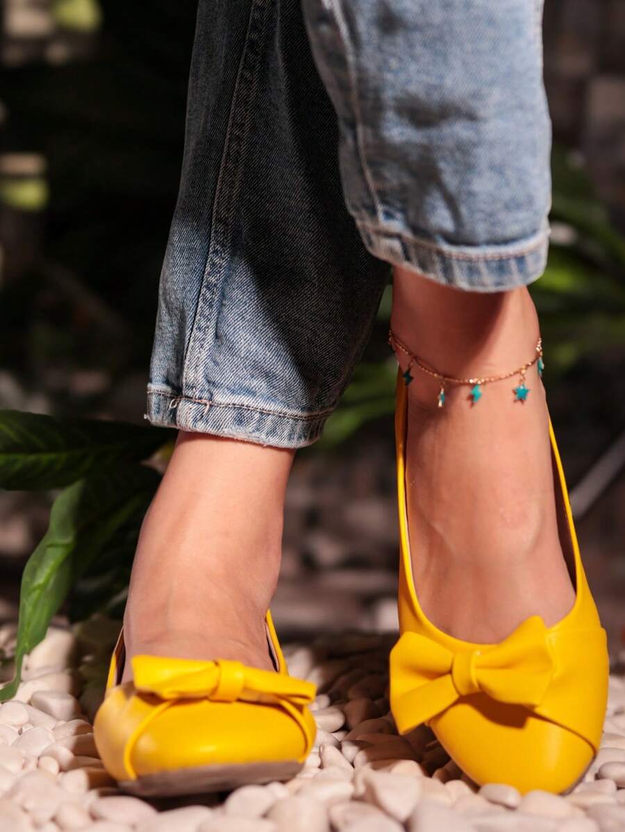 Bailarinas slip-on con moño en verde, plateado y amarillo – chic para este otoño, flats de mujer, cualquier ocasión, ligeras, cómodas. - Amarillo - Ver 1