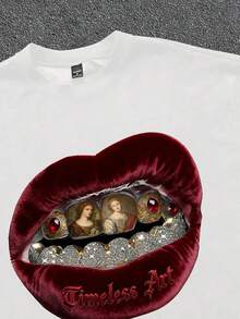 Manfinity ZONE917 Oversized White Cotton T-Shirt With Street Style Red Silk, Red Lips, Gemstone, Teeth, And Virgin Mary Graphic (Wide Sleeves, Collar, And Hem)