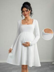 Momance Maternity Dress With Long Sleeves, Square Neckline, Pearl Trim, Double Layer A-Line Hem - White - View 1