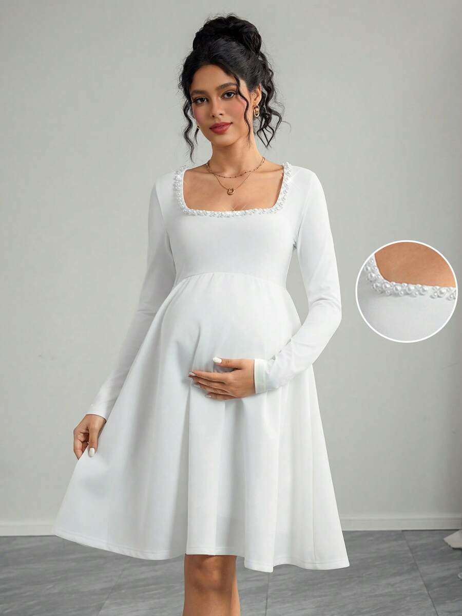 Momance Maternity Dress With Long Sleeves, Square Neckline, Pearl Trim, Double Layer A-Line Hem - White - View 1