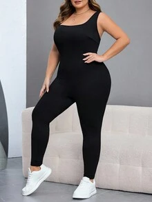 SHEIN CURVE+ Damen Jumpsuit in Große Größen, schwarz, ärmelos, rückenausschnitt, figurbetonend - Schwarz - Übersicht 3