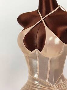 Amplova 女士纯色金属镂空抽绳交叉吊带迷你派对连衣裙 - 藕粉色 - 查看 4