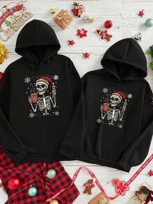 Manfinity Homme Hanorac casual pentru bărbați cu cap de schelet de Crăciun și pălărie de Moș Crăciun și imprimeu cu cafea, toamnă/iarnă - Negru - Vizualizare 8