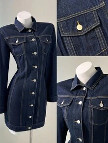 Elamini 女式休闲水洗前扣牛仔连衣裙 - 藍色 - 查看 1