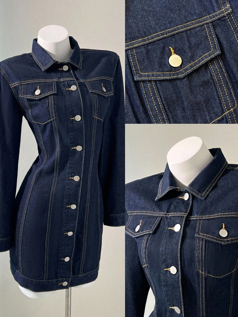 Elamini 女式休闲水洗前扣牛仔连衣裙 - 藍色 - 查看 1