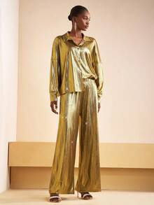 Zivah 2025 Thu Mới Về Halloween Sinh Nhật Tiệc Tiệc Phong Cách Đại Học Sinh Viên Hàng Ngày Thường Ngày Cơ Bản Đa Năng Du Lịch Du Lịch Nổi Tiếng Đi Làm Thanh Lịch Thường Ngày Công Sở Áo Sơ Mi Tay Dài Rộng Kết Hợp Với Quần Ống Rộng, Vải Bóng Phủ Sọc Dọc Vàng, Bộ 2 Món Cho Nữ, Bộ Đồ Dự Tiệc - Vàng - Xem 4